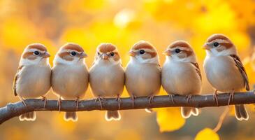 A group of small birds are sitting on a branch, with one bird looking at the camera. The birds are all different colors, but they all have a similar size and shape. photo