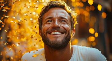 A man with a beard and a smile is surrounded by gold confetti. The man is happy and enjoying the moment photo