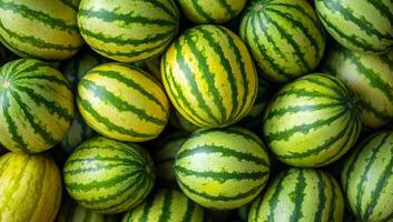 A bunch of watermelons are piled up in a basket. The watermelons are green and yellow, and they are all different sizes. The image has a bright and cheerful mood, as the watermelons are a healthy photo