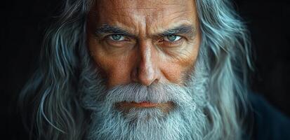 A man with a beard and long hair is staring at the camera. He has a serious expression on his face photo