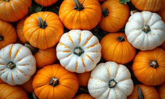 A pile of orange and white pumpkins. The orange ones are larger and the white ones are smaller photo