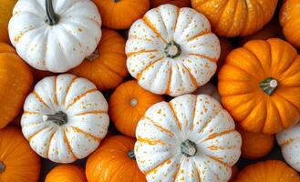 A bunch of orange and white pumpkins are arranged in a pile. The white pumpkins are speckled with orange, giving them a unique and eye-catching appearance photo