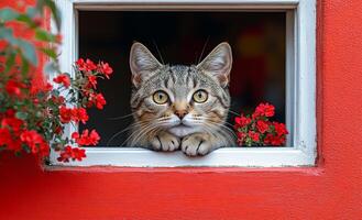 A cat is looking out of a window at a red flower photo