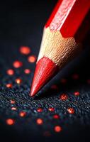 A red pencil is on a black surface with red dots. The pencil is sharpened and has a pointy tip. Concept of focus and precision, as the pencil is ready to create a line or mark on the surface photo