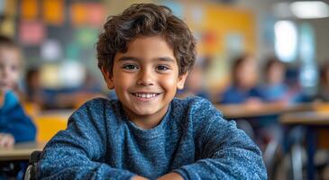 A young boy is smiling and sitting in a classroom. He is wearing a blue sweater and is surrounded by other children. Inclusive education for children. Child in a wheelchair photo