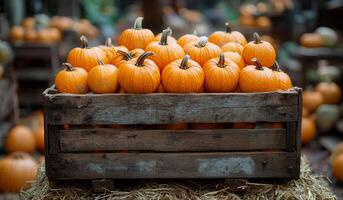 A crate full of pumpkins sits on a hay bale. The pumpkins are orange and vary in size photo