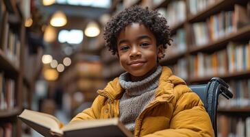 A young boy is sitting in a library reading a book. He is wearing a yellow jacket and a brown sweater. Inclusive education for children. Child in a wheelchair photo