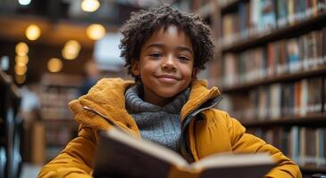 A young black boy is sitting in a library reading a book. He is wearing a yellow jacket and a gray sweater photo