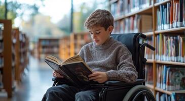 A boy in a wheelchair is reading a book in a library. The boy is smiling as he reads. Inclusive education for children. Child in a wheelchair photo