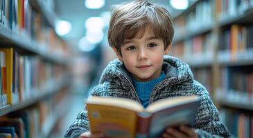 A young boy is sitting in a library reading a book. He is wearing a blue sweater and a grey jacket photo