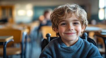 A young boy with blonde hair is sitting in a classroom with a smile on his face. He is wearing a blue sweater and is surrounded by chairs. Inclusive education for children. Child in a wheelchair photo