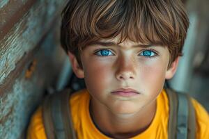A young boy with blue eyes and a red face. He is wearing a yellow shirt and has a backpack on his back photo