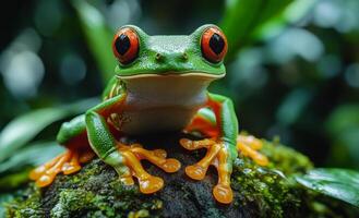 A green frog with red eyes is sitting on a mossy log. The frog's bright colors and the lush green surroundings create a sense of tranquility and natural beauty photo