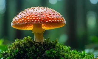 A red mushroom with white spots sits on a mossy patch of ground. The mushroom is surrounded by green leaves and grass, creating a peaceful and natural scene photo