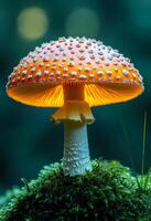A large orange mushroom with white spots is lit up by the sun. The image has a warm and inviting mood, as the mushroom appears to be glowing in the sunlight photo