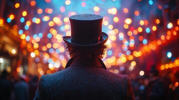 A man wearing a top hat stands in front of a crowd of people. The scene is set in a city with bright lights and a festive atmosphere. The man's hat and the lights create a sense of mystery photo
