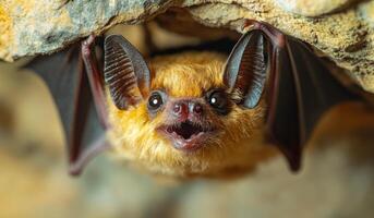 A bat is shown with its mouth open, looking up at the camera. The bat is brown and has large ears photo