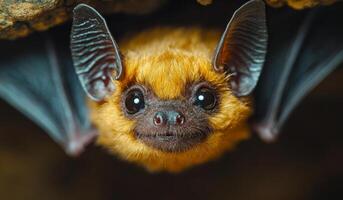 A bat with its head up and looking at the camera. The bat is brown and has black ears photo