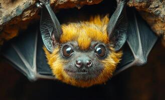 A bat is hanging from a rock and looking at the camera. The bat is brown and black photo