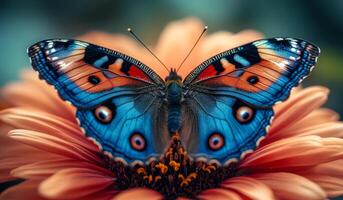 A butterfly is sitting on a flower. The butterfly is blue and orange photo