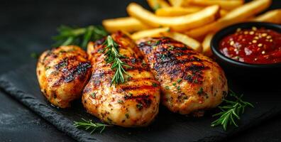 Three pieces of grilled chicken with herbs on top, served with a side of french fries and a dipping sauce photo