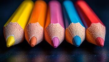 A row of pencils with different colors, including yellow, red, and blue. The pencils are arranged in a line, with the yellow one on the left and the blue one on the right photo