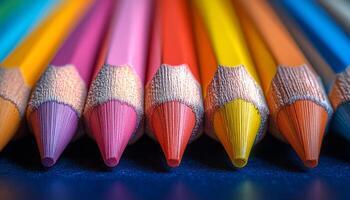 A row of pencils with different colors, including yellow, red, and blue. The pencils are lined up next to each other, with the yellow one in the middle photo