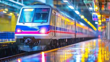 A train is moving down the tracks at a train station. The train is brightly lit and has a red light on the front. The train is surrounded by a wet platform photo
