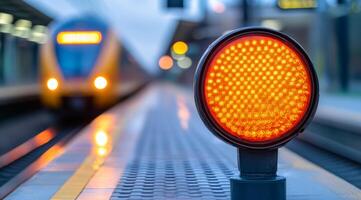 A train is coming down the tracks and a red light is on the ground. The light is on a pole and is lit up photo
