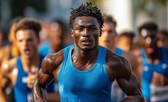 A man in a blue tank top runs in a race. The man is sweating and he is in the middle of the race photo