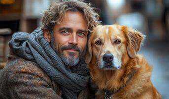 A man and a dog are posing for a picture. The man is wearing a scarf and the dog is wearing a collar. Scene is warm and friendly, as the man and dog seem to be enjoying each other's company photo