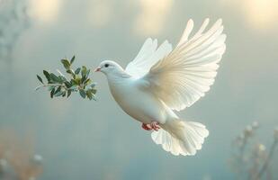A white dove is flying with a leaf in its beak. Concept of peace and tranquility, as the dove is a symbol of peace and harmony. Dove of peace photo