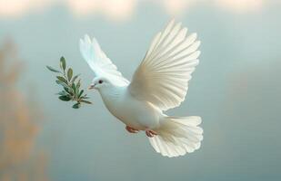 un blanco paloma es volador con un hoja en sus pico. concepto de paz y tranquilidad, como el paloma es un símbolo de esperanza y libertad. paloma de paz foto