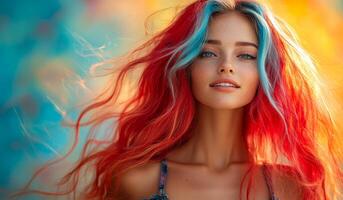 A woman with red, blue, and green hair is smiling. The hair is long and flowing, and the woman's face is bright and happy photo