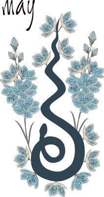 Snake in beautiful spring blue-beige flowers, print for shoppers, mugs, notebooks, posters, T-shirts, tales, calendars. Snake poster with lettering of month name. Poster with Year of the Snake 2025.