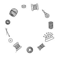 Sewing or Needlework Wreath or Circle Frame, Border for handmade classes, Handicraft. Hand drawn illustration of tools for Stitching. Threads Spools, Needles, Thimble, Needle Threader and Pad vector
