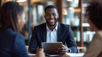 A smiling black man in a suit is sitting at a table with two other people photo