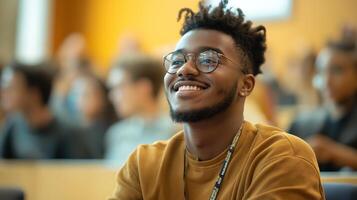 A young man with glasses and a beard smiles while sitting in a lecture hall photo