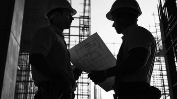 Two men in hard hats standing in front of a building photo