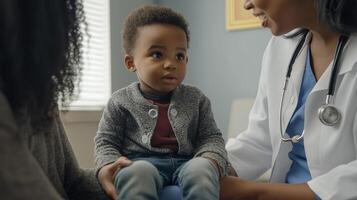 A woman is holding a child while a doctor is talking to him photo