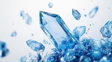 Close up of stunning blue crystal with sharp facets and shattered fragments, highlighting the brilliance and clarity of the gemstone against a white background. Fantasy banner with copy space photo