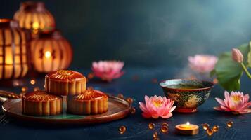 Traditional Chinese mooncakes pyramid with tea photo