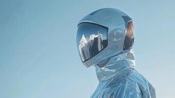 Futuristic person wearing sleek metallic helmet photo