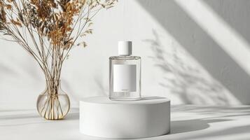Sunlit minimalist composition with modern perfume bottle with glass vase with dry branches and deep shades, minimalistic atmosphere in natural light. New age minimalist concept. Good for advertisement photo