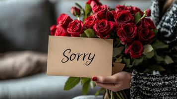 Female hands holding a bouquet of red roses photo