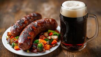 Dark beer mug and two grilled sausages photo