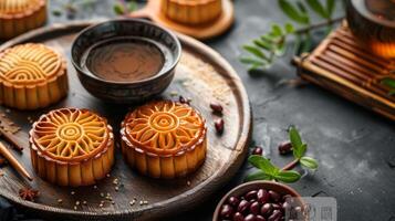 Close up mooncakes on wooden plate with red beans and green tea bowl, capturing the essence of Chinese Mid Autumn Festival. Holiday food banner with copy space photo