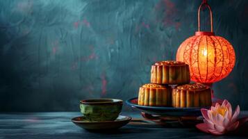 Mid Autumn Festival scene. Chinese mooncakes pyramid with tea, lotus flowers, and glowing lanterns in serene setting. Perfect for holiday banner with copy space. Chinese cultural and festive mood. photo