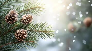 Snow dusted pine tree branch with pine cones photo