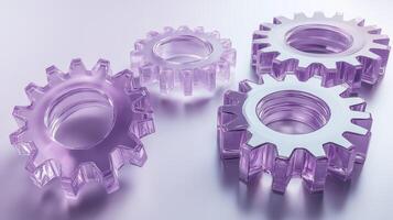 Photorealistic light purple crystal gears on reflective surface, showcasing elegance in engineering and design with transparent material and soft lighting. Glass trendy elements photo